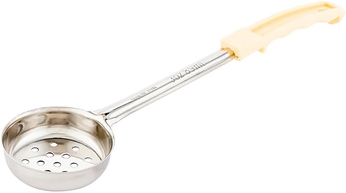 Restaurantware Met Lux 3 Ounce Portion Ladle 1 Perforated Portion Serving Spoon - Ivory Handle Dishwashable Stainless Steel Slotted Serving Utensil Multipurpose For Serving Pasta
