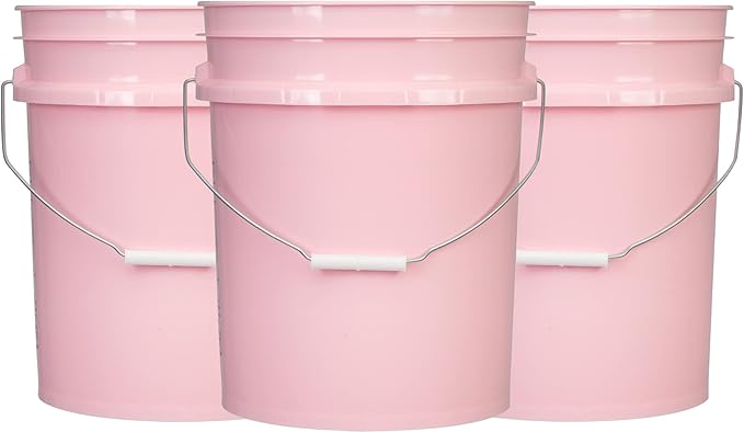 House Naturals 5 Gallon Pink Food Grade BPA Free Made in USA Plastic Storage Bucket with Lid Cover (Pack of 3) (with Scarlet Red Screw on Airtight Lids)