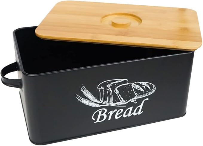 SOTECH Bread Box for Kitchen Countertop Metal BreadBox with Cutting Board Bamboo lid Black Bread Bin Farmhouse Food Storage Container Holder