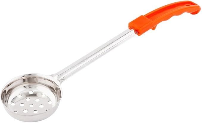 Restaurantware Met Lux 2 Ounce Portion Ladle 1 Perforated Portion Serving Spoon - Red Handle Dishwashable Stainless Steel Slotted Serving Utensil Multipurpose For Serving Pasta