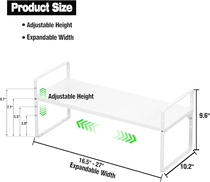 ‎Expandable Kitchen Cabinet Storage Shelf, Stackable Metal Pantry Storage Shelves Organizer, Adjustable Height Counter Spice Rack for Kitchen Cabinet (White - 16.5"-27" L x 10.2" W x 9.6" H - 3Pack)