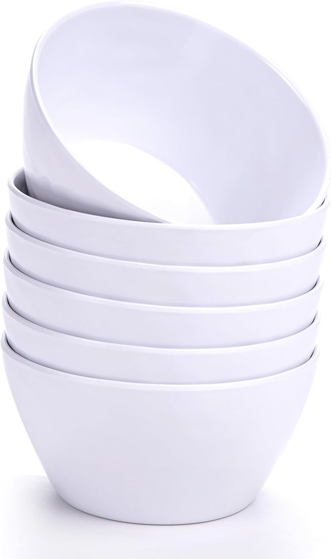 4.7-Inch Melamine Rice Bowls (Set of 6) - 12oz Unbreakable and Reusable Soup Bowls with Ceramic Feel, Stackable and Dishwasher-Safe Dinnerware (White)