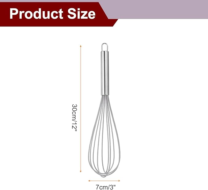 HARFINGTON 5Pcs Silicone Whisk 12" Kitchen Whisk Wire Whisks Beater with Stainless Steel Handle for Egg Milk Whisking Blending Beating & Stirring, Grey