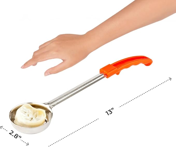 Restaurantware Met Lux 2 Ounce Portion Ladle 1 Perforated Portion Serving Spoon - Red Handle Dishwashable Stainless Steel Slotted Serving Utensil Multipurpose For Serving Pasta