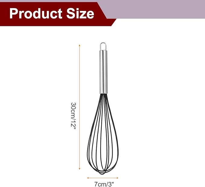 HARFINGTON 5Pcs Silicone Whisk 12" Kitchen Whisk Wire Whisks Beater with Stainless Steel Handle for Egg Milk Whisking Blending Beating & Stirring, Black