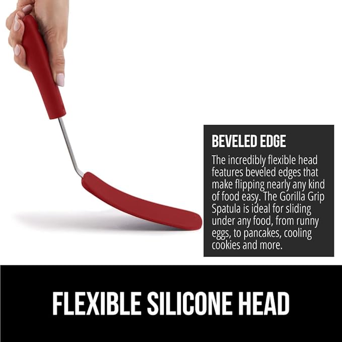 GORILLA GRIP Food Grade Flexible Silicone Spatula, 2 Pack, Heat Resistant Head for Nonstick Frying Pan, Patented Soft Rubber Handle for Comfort, Non-Scratch Kitchen Turner, Flip Eggs, 11.6 in, Red