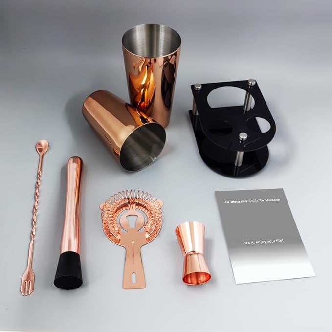 5 Piece Cocktail Shaker Bartender Kit: 750/600ml(25/20oz) Cocktail Shaker Set with Stand, Drink Mixing Includes Martini Shaker,Strainer,Jigger,Bar Mixer Spoon,Muddler Bar Tool Set (Rose Copper)