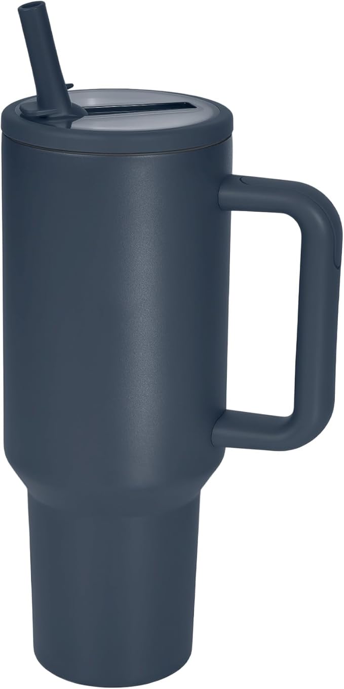 40 oz Insulated Tumbler with Handle,Flip Straw,Lid & Rubber Base Stainless Steel Water Bottle - Leak Proof Vacuum Insulated Mug BPA Free Reusable Travel Cup Gifts for Women/Men (Darkblue 40oz)