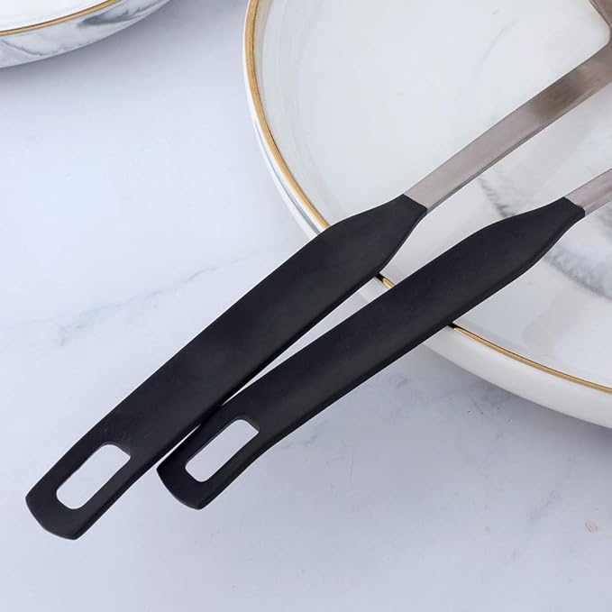 Buyer Star 2 Pcs Soup Ladle Colander, Silver Black Cookware Serving Long Handle Steel Slotted Spoon Cooking Utensil Set for Hotpot