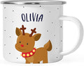 Andaz Press Personalized Name 11oz. Kids Christmas Hot Chocolate Stainless Steel Campfire Coffee Mug, Adorable Rudolph Reindeer Red Collar, 1-Pack, Custom Birthday Xmas Cup Kids Hot Chocolate Mug