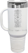 LaserGram 40oz Vacuum Insulated Travel Mug with Handle, Tiki Statue, Personalized Engraving Included (White)
