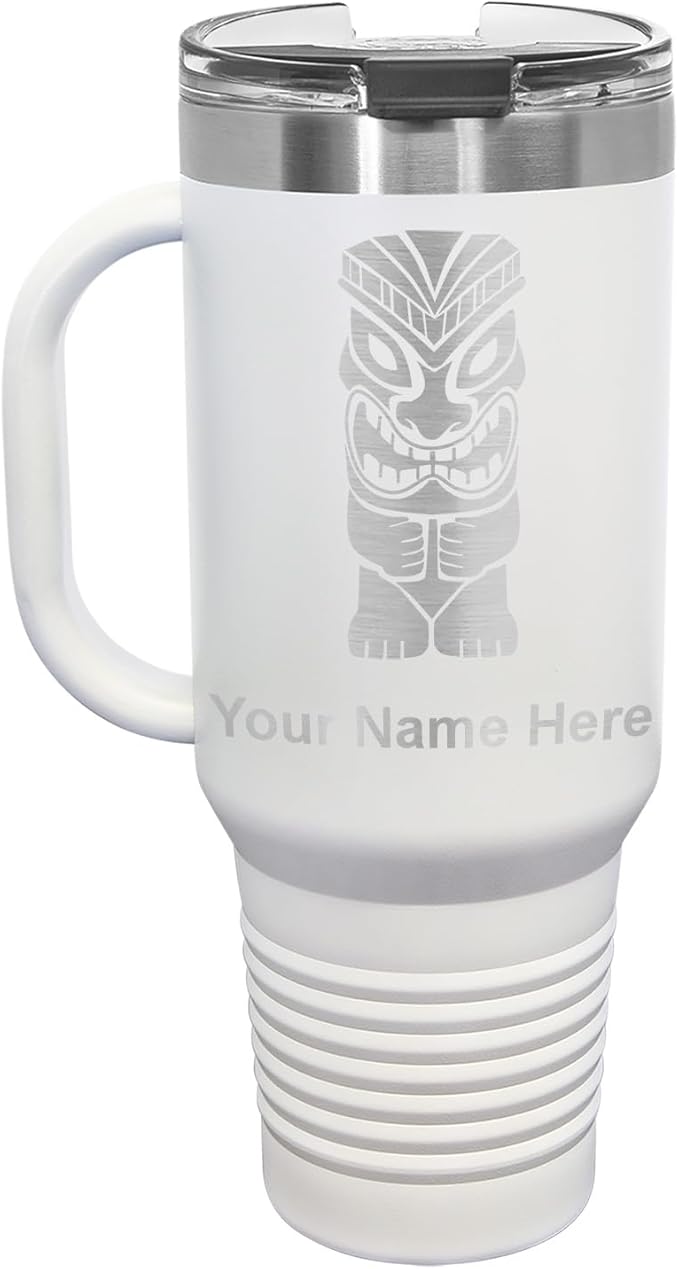 LaserGram 40oz Vacuum Insulated Travel Mug with Handle, Tiki Statue, Personalized Engraving Included (White)