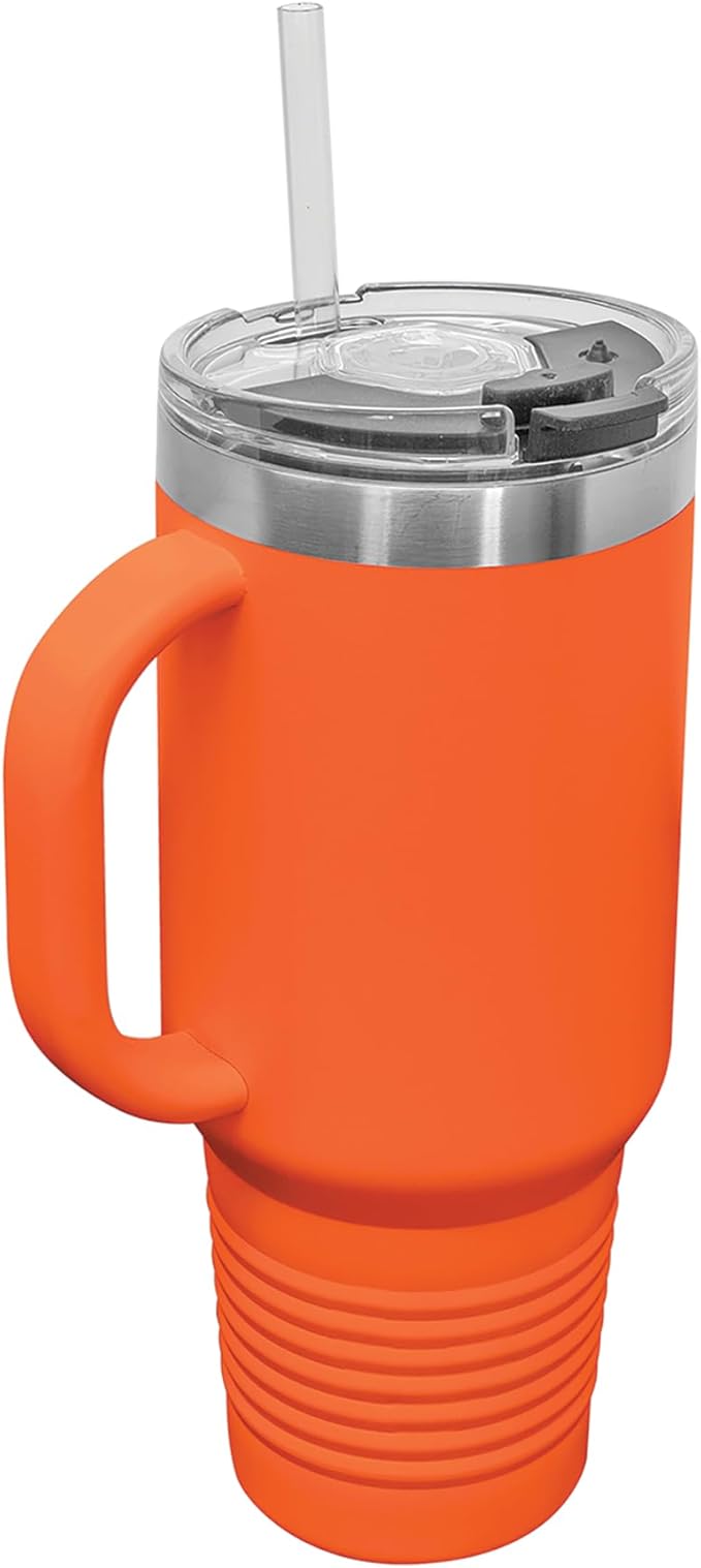 LaserGram 40oz Vacuum Insulated Travel Mug with Handle, Tiki Statue, Personalized Engraving Included (Orange)