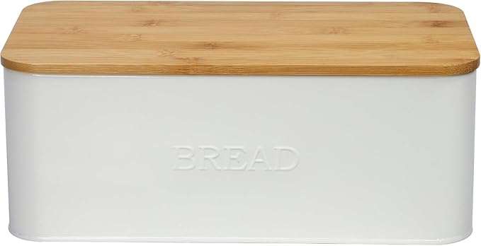 OUTSHINE White Bread Box for Kitchen Countertop, Small Storage Container with Bamboo Lid, Modern Kitchen Organizer for Sourdough, Buns, and Loaves, Bread Storage with Cutting Board Lid