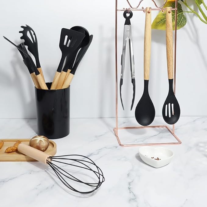 Generic Silicone Kitchen Tool Set, 12 Pieces, Spoons, Spatulas, Tongs (Black), KU002