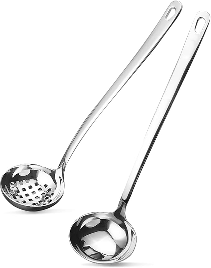 Metal Soup Ladle,18/8 Stainless Steel Ladle Spoon And Strainer Scoop Set Of 2 With Holes,Cooking Utensil For Kitchen
