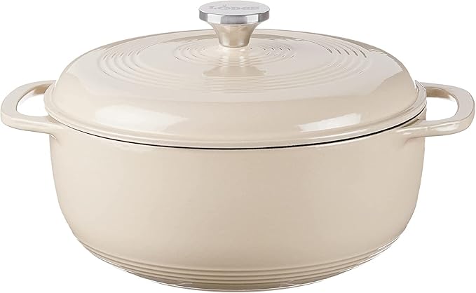 Lodge 7.5 Quart Enameled Cast Iron Dutch Oven with Lid – Dual Handles – Oven Safe up to 500° F or on Stovetop - Use to Marinate, Cook, Bake, Refrigerate and Serve – Sandalwood