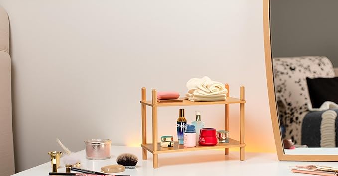 Expandable Bamboo Desktop Organizer Shelf Kitchen Cabinet and Counter Riser Display Shelf for Top of Desk Home Office Bathroom Coffee Table Display Stand- Useful Home & Housewarming Gift