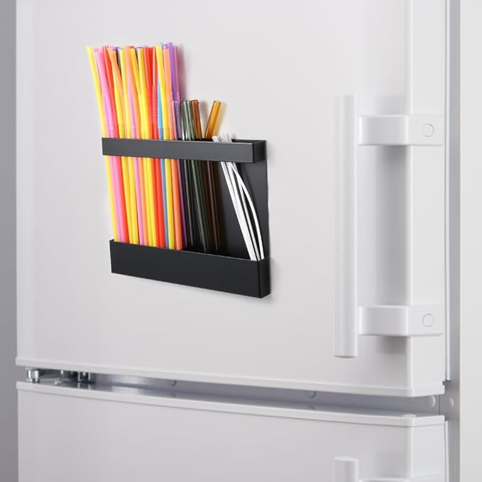 Picowe Magnetic Straw Holder Organizer, Metal 4-Slot Tumbler Straw Organizer for Fridge & Cabinet Door, Drinking Reusable Straws Dispenser Holds 10+ Straws (Black)