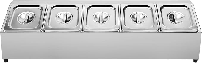 5 Pan Spice Rack Shelf, Stainless Steel Seasoning Organizer with 5 1.5L Food Containers and Lids, Pizza Topping Station Organizer Inclined for Restaurants, Hot Pot and Fruit Shops, 33.86x8.86x8.66in