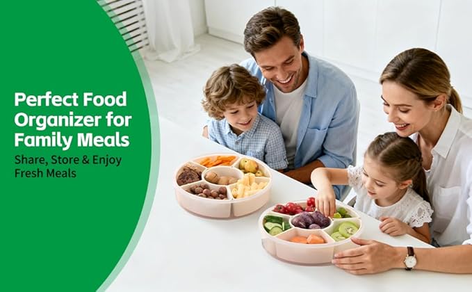 Divided Serving Tray with Lid – 6 Compartment Snack Organizer for Fruits, Veggies & Appetizers – Party Charcuterie Platter Box – Microwave, Dishwasher & Freezer Safe