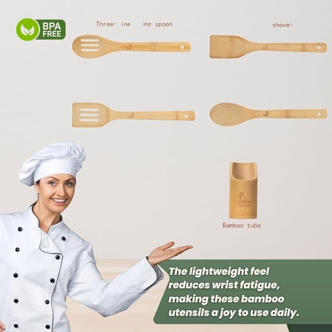 4 Piece kitchen utensils set - bamboo cooking utensils with comfort grip, including utensil holder, bamboo spoons, shovels & spatulas | wooden utensil set for non-stick pans, kitchen essentials