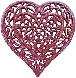 Rustic Red Whitewashed Cast Iron Heart Shaped Trivet 7" - Decorative Trivet -