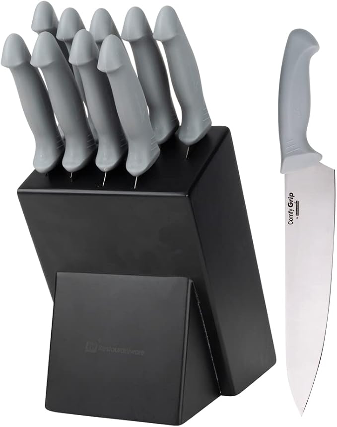 Restaurantware Comfy Grip Knife Set With Holder 1 Sharp 9-Piece Knife Set - Ergonomic Handle Non-Slip Grip Gray Stainless Steel Kitchen Knife Set Dishwashable Includes Knife Holder