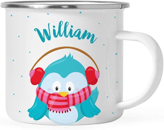 Andaz Press Personalized Name 11oz. Kids Christmas Hot Chocolate Stainless Steel Campfire Coffee Mug, Festive Blue Owl, 1-Pack, Custom Birthday Xmas Cup Hot Chocolate Mugs For Kids Christmas Mugs