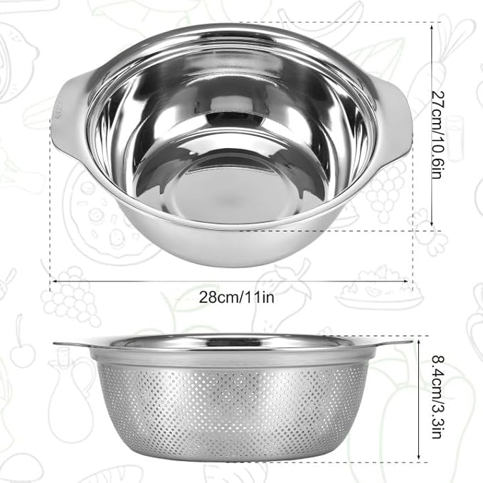 Stainless Steel Microporous Colander for Kitchen, 4.5QT Large Capacity, Colander and Bowl Set of Two, Stainless Steel Drain Basket with Mixing Bowl, for Washing Fruits and Vegetables