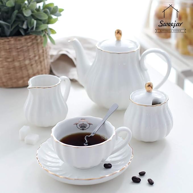 Sweejar Royal Teapot, Ceramic Tea Pot with Removable Stainless Steel Infuser, Blooming & Loose Leaf Teapot - 28 Ounce(White)
