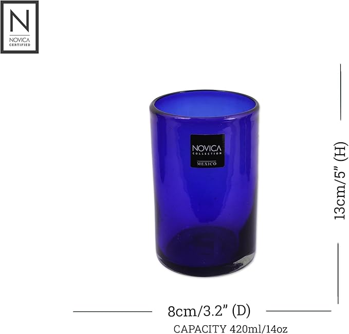 NOVICA Artisan Crafted Cobalt Blue Hand Blown Recycled Glass Cocktail Glasses, 14 Oz, 'Solid Blue' (Set Of 6)