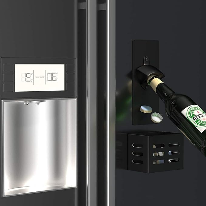 Magnetic Bottle Opener with Cap Catcher,Removable Wall Mounted Beer Bottle Opener for Kitchen Fridge,Beer Gifts for Men (black)