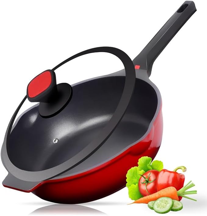 Nonstick Deep Frying Pan Skillet with Lid, 12 inch/ 5 QT Saute Pan, Sauce Pan Cookware Cooking Chef Pan, Induction Compatible, Cast Aluminum Ruby Red