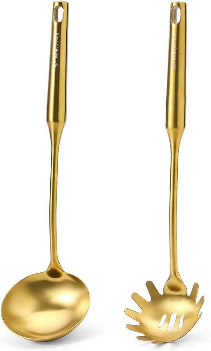 Gold Soup Ladle and Spaghetti Spoon Set - 18/10 Stainless Steel Soup Spoon，Pasta Strainer, [Heat Resistance，Integral Forming] Kitchen Utensils for Cooking，Stirring, Serving Pasta, Soup & Sauce，13.8"