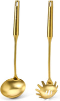 Gold Soup Ladle and Spaghetti Spoon Set - 18/10 Stainless Steel Soup Spoon，Pasta Strainer, [Heat Resistance，Integral Forming] Kitchen Utensils for Cooking，Stirring, Serving Pasta, Soup & Sauce，13.8"