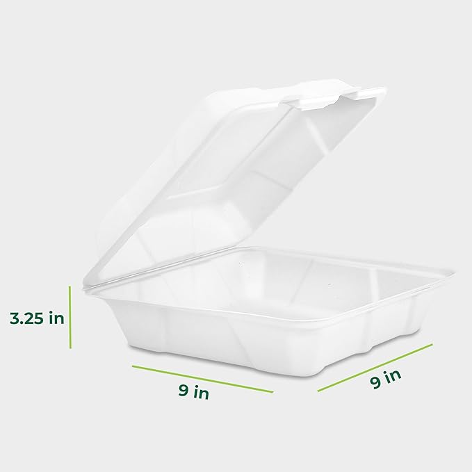 Freshware Clamshell Food Containers with Lids [9x9 100-Pack] Disposable To Go Containers, Biodegradable Sugarcane To Go Boxes - Paper Food Container - Microwave & Freezer Safe, Stackable