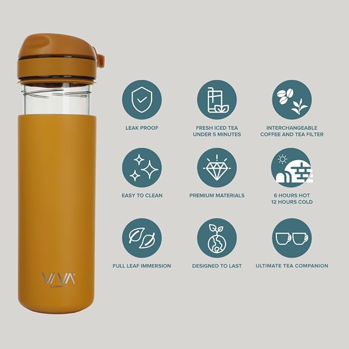 VIVA Recharge Mustard Insulated Tea & Coffee Mug & Travel French Press Coffee Maker, 16 oz, Brew & Drink From the Same Coffee Mug On the Go or Camping