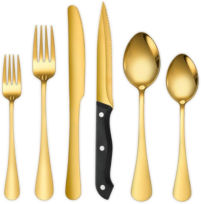 Gold Flatware Set For 4 Silverware Stainless Steel Forks and Spoons Knives Cutlery 24 Pieces Kitchen Utensils Parties Festival Casual or Formal Occasions