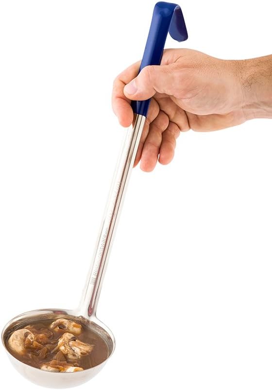 Restaurantware Met Lux 8 Ounce Soup Ladle 1 Hook Handle Serving Spoon - With Blue Handle Dishwashable Stainless Steel Cooking Ladle For Pouring And Cooking Perfect for Soup Chilli Or Batter