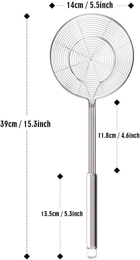 YFWOOD 5.5 Inch Spider Strainer Skimmer, Reinforced Double Coil Wire Skimmer with Large Handle Solid Stainless Steel Strainer Ladle,for Kitchen Deep Frying Food Spaghetti Noodle (1 - Piece)