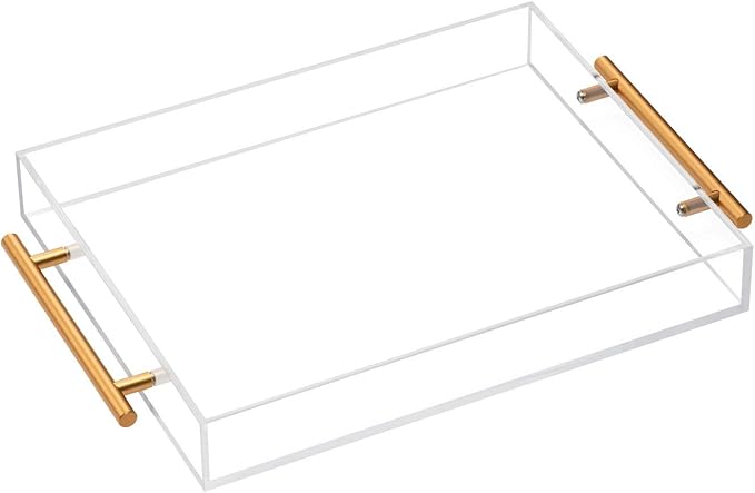 Clear Acrylic Lucite Serving Tray with Metal Handles,No Need to Assemble,11x14 Inch,Decorative Storage Organizer with Spill-Proof Design,Serving for Coffee,Breakfast,Dinner and More