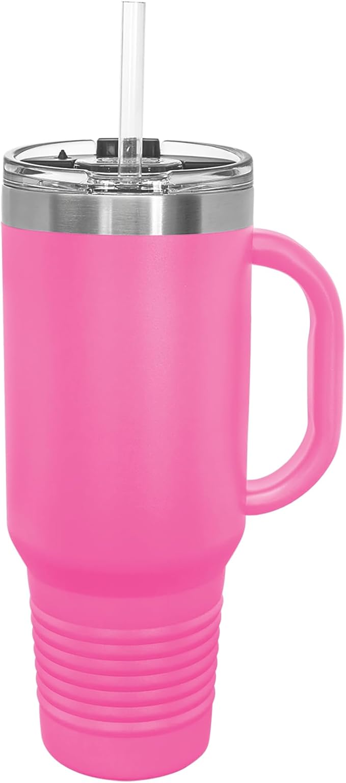 LaserGram 40oz Vacuum Insulated Travel Mug with Handle, Tiki Statue, Personalized Engraving Included (Pink)