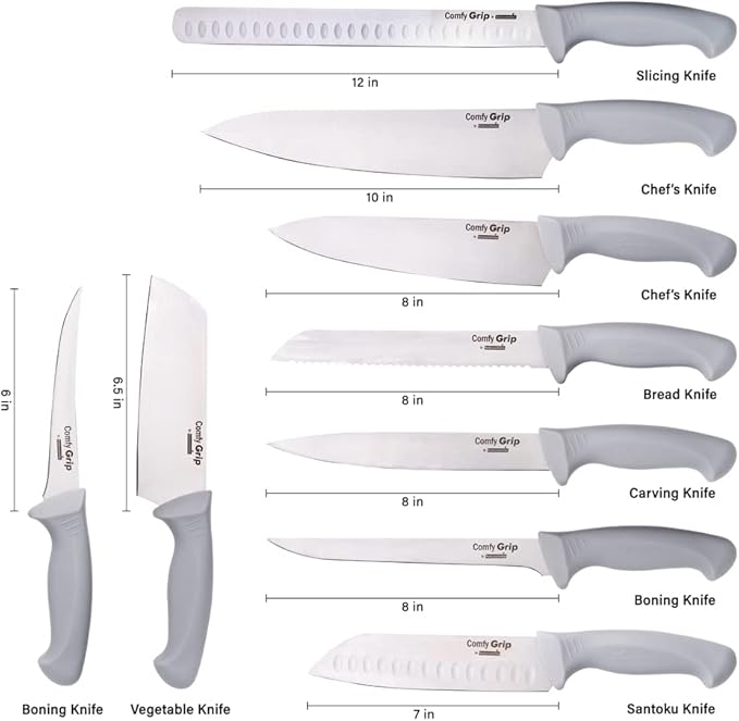 Restaurantware Comfy Grip 9-Piece Knife Set 1 Sharp Knife Set - Ergonomic Handle Non-Slip Grip Gray Stainless Steel Kitchen Knife Set Dishwashable Chop Slice Or Dice Ingredients