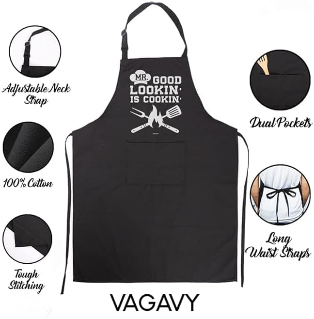 100% Cotton, Black Funny Aprons for Men, Dad, Husband - Birthday, Father’s Day Grilling Gifts for Papa, Husband.