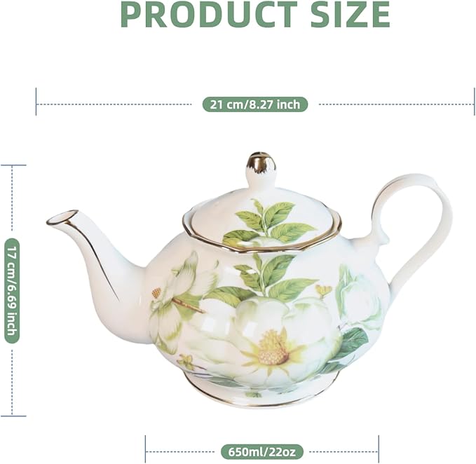 22oz Floral Ceramic Teapot (Suitable for 1 to 3 people) – Vintage Gold Rim Tea Pot for Loose Leaf, Blooming Tea & Coffee, Elegant Teapot for Tea Party, Flower Design (White Camellia)