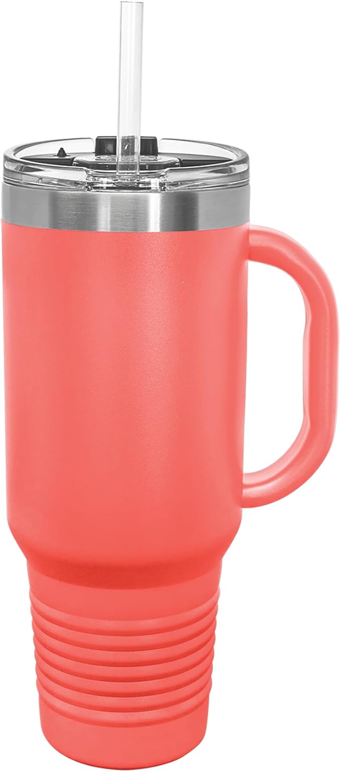 LaserGram 40oz Vacuum Insulated Travel Mug with Handle, Sushi, Personalized Engraving Included (Coral)