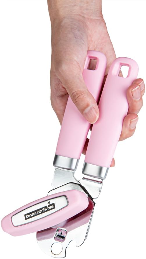 Restaurantware Comfy Grip 7.6 x 1.9 x 2.1 Inch Can Opener 1 Durable Manual Can Opener - Sharp Wheel Blade Grip Handle Pink Stainless Steel Hand-Held Can Opener Built-In Bottle Opener