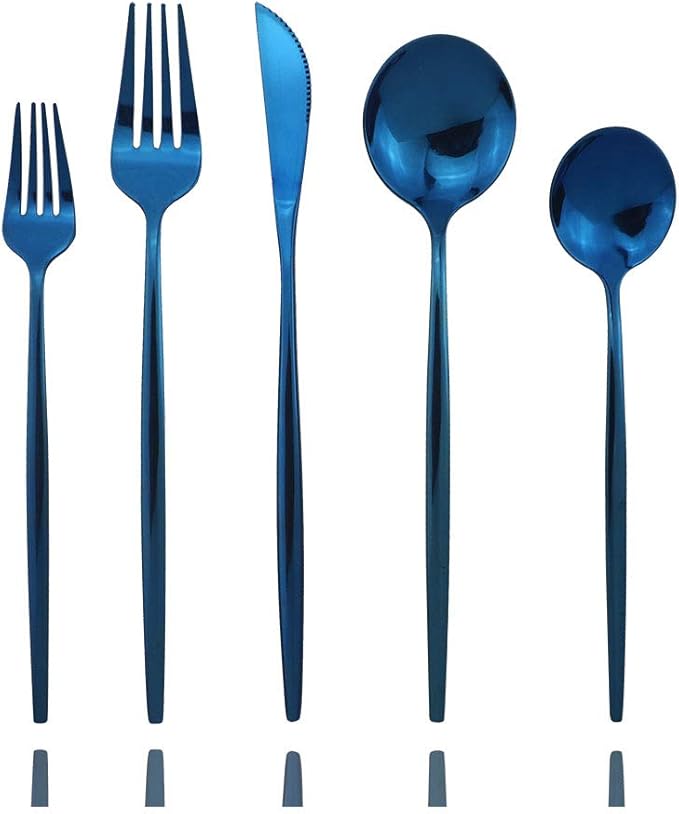 JASHII Shiny Blue Silverware Set, 30-Piece Stainless Steel Satin Finish Flatware, Kitchen Utensils, Mirror Polished Tableware Cutlery for Home and Restaurant, Dishwasher Safe
