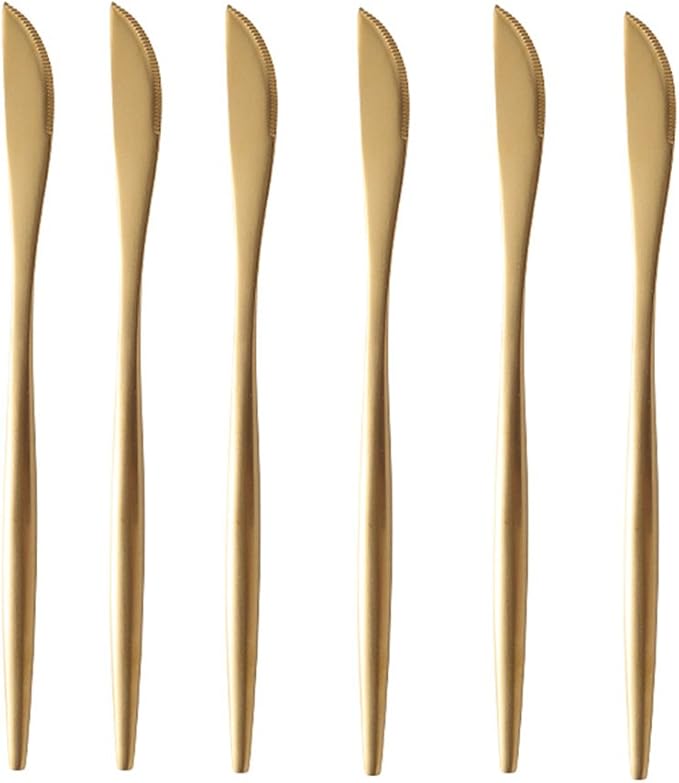 Gold 18/10 Stainles Steel Dessert Knife Set, Luxury Cutlery for Kitchen Hotel Restaurant Wedding Party, Matte Finish, Dishwasher Safe, Pack of 6
